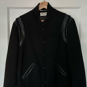 Saint Laurent Paris Black Wool Varsity Jacket with Leather Trim